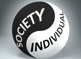 Society and individual in balance - pictured as words Society, individual and yin yang symbol, to show harmony between Society and individual, 3d illustration