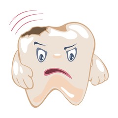 Worried painful damaged darkened tooth with hole, cavity, decay, caries waiting for it to be cured by dentist. Destroyed dental character with spot. Vector cartoon illustration isolated on white.