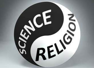 Science and religion in balance - pictured as words Science, religion and yin yang symbol, to show harmony between Science and religion, 3d illustration