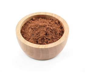 Cocoa powder in wooden bowl isolated on white background with clipping path.