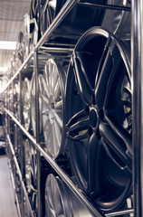 Alloy car wheels in a store