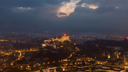 Aerial view of Salzburg old town and Hohensalzburg Fortress. View on City and river from above 