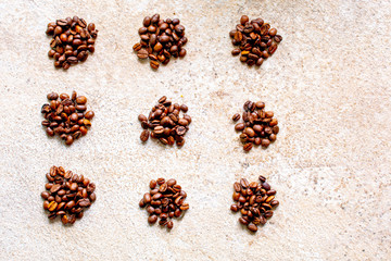 Coffee Bean food knolling   laid  out  in rows 