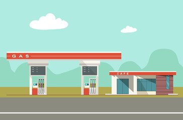 Gas station on the background of the countryside landscape. Vector flat style illustration.