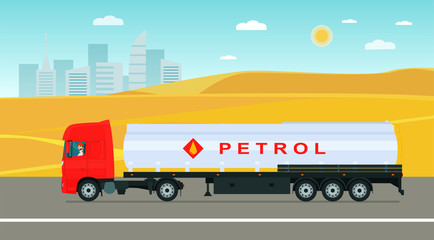 Gasoline tanker with driver on a desert background.. Vector flat style illustration.