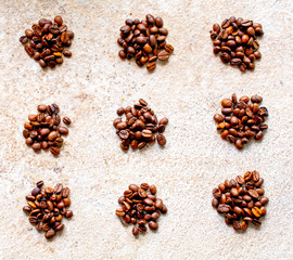 Coffee Bean food knolling   laid  out  in rows 