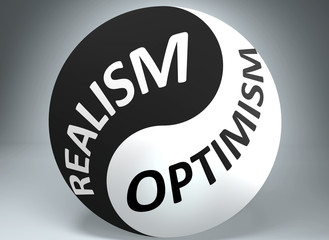 Realism and optimism in balance - pictured as words Realism, optimism and yin yang symbol, to show harmony between Realism and optimism, 3d illustration