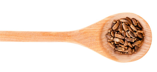 Seed of a Milk Thistle (Silybum marianum) known as Scotch Thistle or Marian Thistle in wooden spoon isolated on a white background.