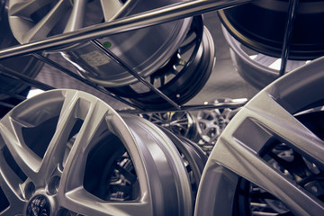Alloy car wheels in a store