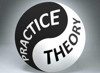 Practice and theory in balance - pictured as words Practice, theory and yin yang symbol, to show harmony between Practice and theory, 3d illustration