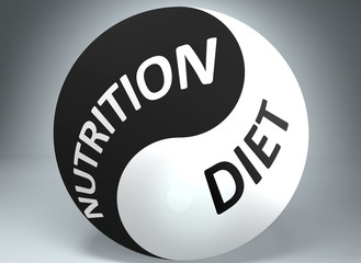 Nutrition and diet in balance - pictured as words Nutrition, diet and yin yang symbol, to show harmony between Nutrition and diet, 3d illustration