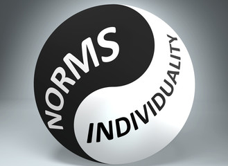 Norms and individuality in balance - pictured as words Norms, individuality and yin yang symbol, to show harmony between Norms and individuality, 3d illustration