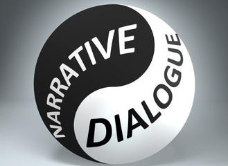 Narrative and dialogue in balance - pictured as words Narrative, dialogue and yin yang symbol, to show harmony between Narrative and dialogue, 3d illustration