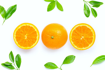 High vitamin C, Juicy orange fruit with leaves on white background.