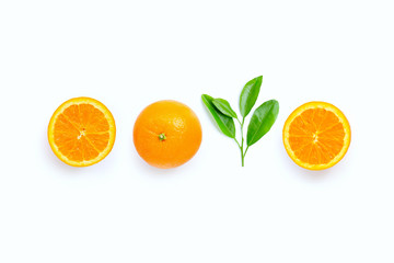High vitamin C, Juicy orange fruit with leaves on white background.