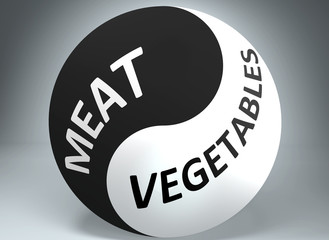 Meat and vegetables in balance - pictured as words Meat, vegetables and yin yang symbol, to show harmony between Meat and vegetables, 3d illustration