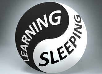 Learning and sleeping in balance - pictured as words Learning, sleeping and yin yang symbol, to show harmony between Learning and sleeping, 3d illustration