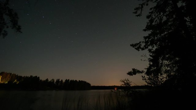 Day to Night Time Lapse of Night Sky next to Lake and Romantic Fireplace