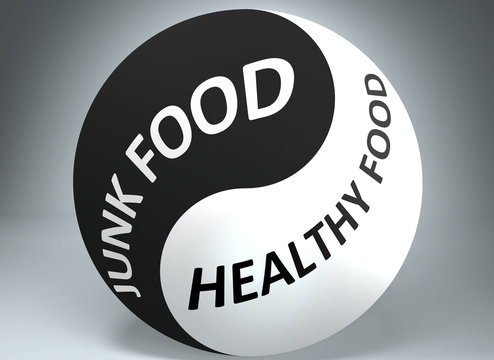 Junk food and healthy food in balance - pictured as words Junk food, healthy food and yin yang symbol, to show harmony between Junk food and healthy food, 3d illustration