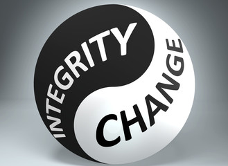 Integrity and change in balance - pictured as words Integrity, change and yin yang symbol, to show harmony between Integrity and change, 3d illustration
