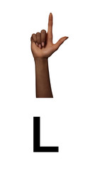 Manual Language Alphabet Deaf Gesture Sign L letter with Female Hand Black White for Communication of Disabled 