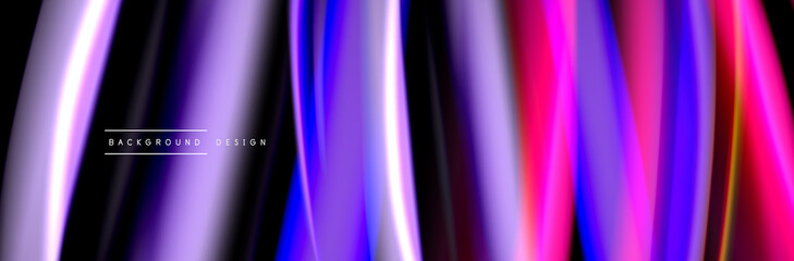 Silk and smooth flow wave poster design. Color waves, liquid style lines and shapes in black color background