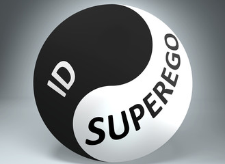 Id and superego in balance - pictured as words Id, superego and yin yang symbol, to show harmony between Id and superego, 3d illustration