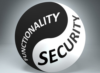 Functionality and security in balance - pictured as words Functionality, security and yin yang symbol, to show harmony between Functionality and security, 3d illustration