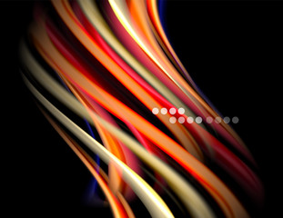 Silk smooth lines on black, liquid fluid color waves. Vector Illustration