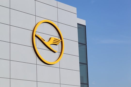 Frankfurt, Germany - March 18, 2016: Lufthansa logo on wall at Frankfurt airport. Lufthansa is a german airline and also the largest airline in Europe