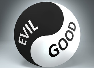 Evil and good in balance - pictured as words Evil, good and yin yang symbol, to show harmony between Evil and good, 3d illustration