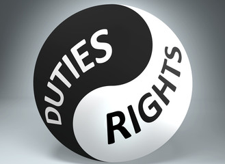Duties and rights in balance - pictured as words Duties, rights and yin yang symbol, to show harmony between Duties and rights, 3d illustration