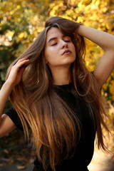 Naklejka premium Face, portrait, hair, hairstyle, Girl, brunette, brunette woman, travel, woman, female, make up, model, fashion, glamour, lady, sexy, beauty, sexy, fashion, style, street, elegant, 