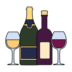set of wine bottle with wineglass on white background