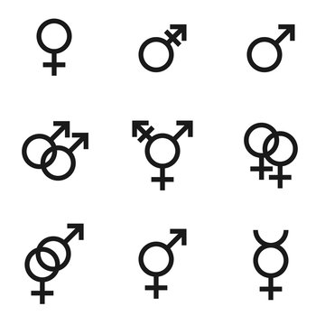 Gender identities icons set, sex relationship gender signs - male, female, hetero, transgender, lesbian, gay