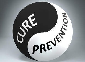 Cure and prevention in balance - pictured as words Cure, prevention and yin yang symbol, to show harmony between Cure and prevention, 3d illustration