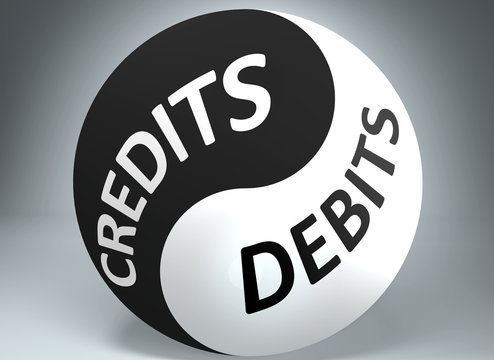 Credits and debits in balance - pictured as words Credits, debits and yin yang symbol, to show harmony between Credits and debits, 3d illustration