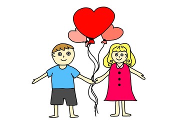 Boys and girls are falling in love and holding heart shaped balloons.