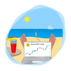 A trader is relaxing on the beach and watching the rise in the price of bitcoin on a graph on a laptop screen. Cocktail with an umbrella on the table. The girl runs to swim in the sea. Vector EPS 10.
