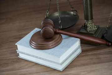 Lawyers office concept on rustic wooden table.