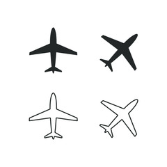 Airplane symbol set. Airport sign. Aviation icon. Simple flat shape logo. Black and outline silhouette isolated on white background. Vector illustration image.