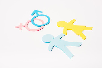 paper cut people near gender signs isolated on white, sexual equality concept