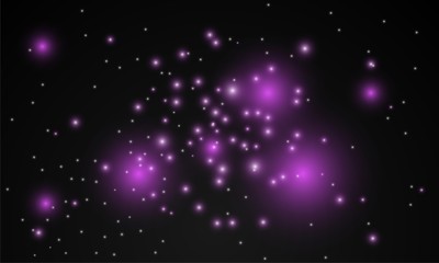 Purple cosmic dust particles. Sparkles shine effect on dark transparent background. 