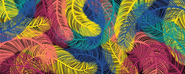 Hand drawn vector illustration with bright colorful feathers on black background. Flat style design. Concept for carnival, exotic, festive poster, flyer, banner.