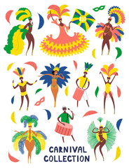 Set of hand drawn dancing people in bright costumes, feathers, masks, text Carnival. Vector illustration. Isolated objects on white background. Flat style design. Element for poster, flyer, banner.