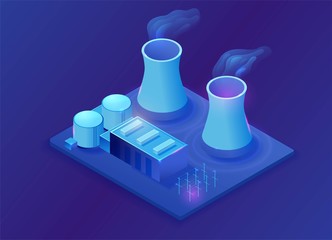 Nuclear power plant isometric 3d illustration, neon blue electric station building, energy factory