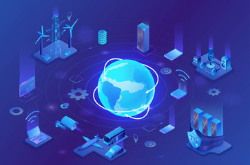 Internet of things infographic illustration, neon blue isometric 3d concept with smart technology, globe glowing icon, computer network with night glowing background