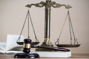 Lawyers office concept on rustic wooden table.