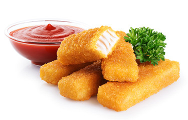 Fish fingers sticks with parsley and ketchup isolated on white background.