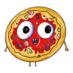 Cute monster round pizza on an isolated white background. Fast food with eyes, junk food. Design for poster, print, kids menu. Digital hand drawn illustration. Stock vector illustration.